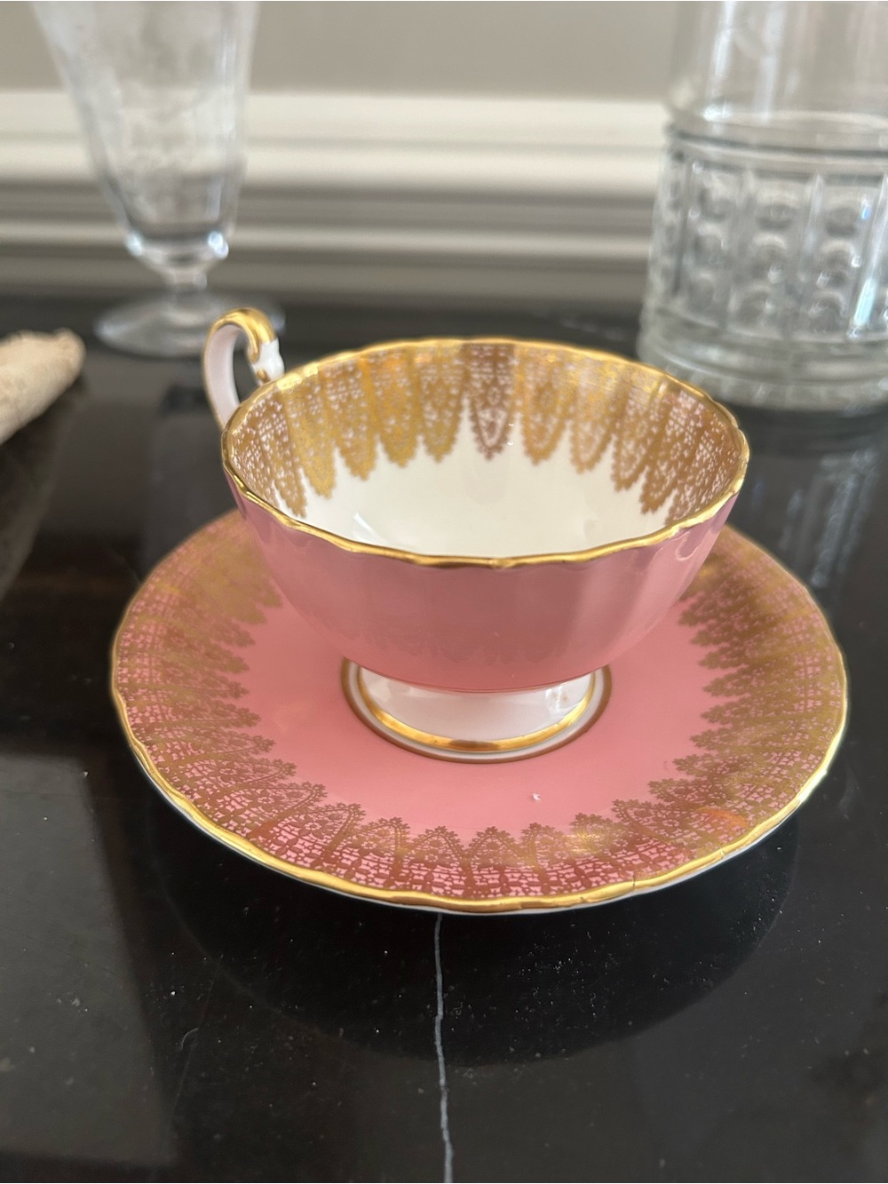 RARE Aynsley pink and gold china tea cup and saucer set